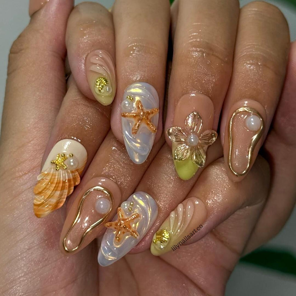Summer Press on Nails with Starfish & 3D Flower | Gold Fake Nails in Medium Almond | Handmade Beach Nail Art for Vacation, Holiday, Party