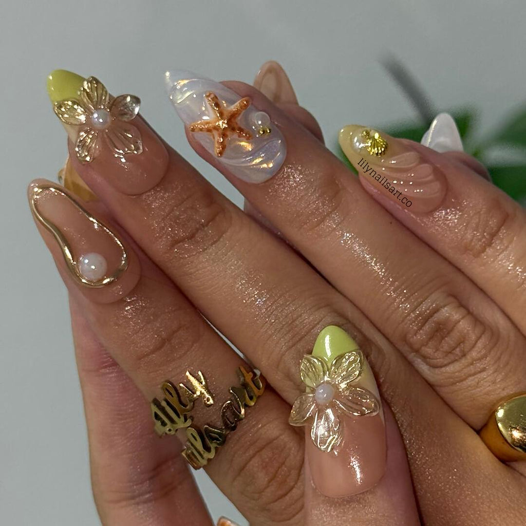Summer Press on Nails with Starfish & 3D Flower | Gold Fake Nails in Medium Almond | Handmade Beach Nail Art for Vacation, Holiday, Party