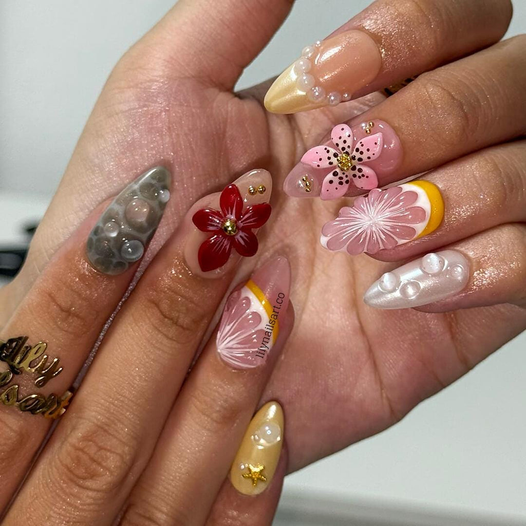 Summer Bloom Press on Nail with Starfish & Flower | Fruit Fake Nail in Medium Almond | Handmade Beach Nail Art for Vacation, Holiday, Party