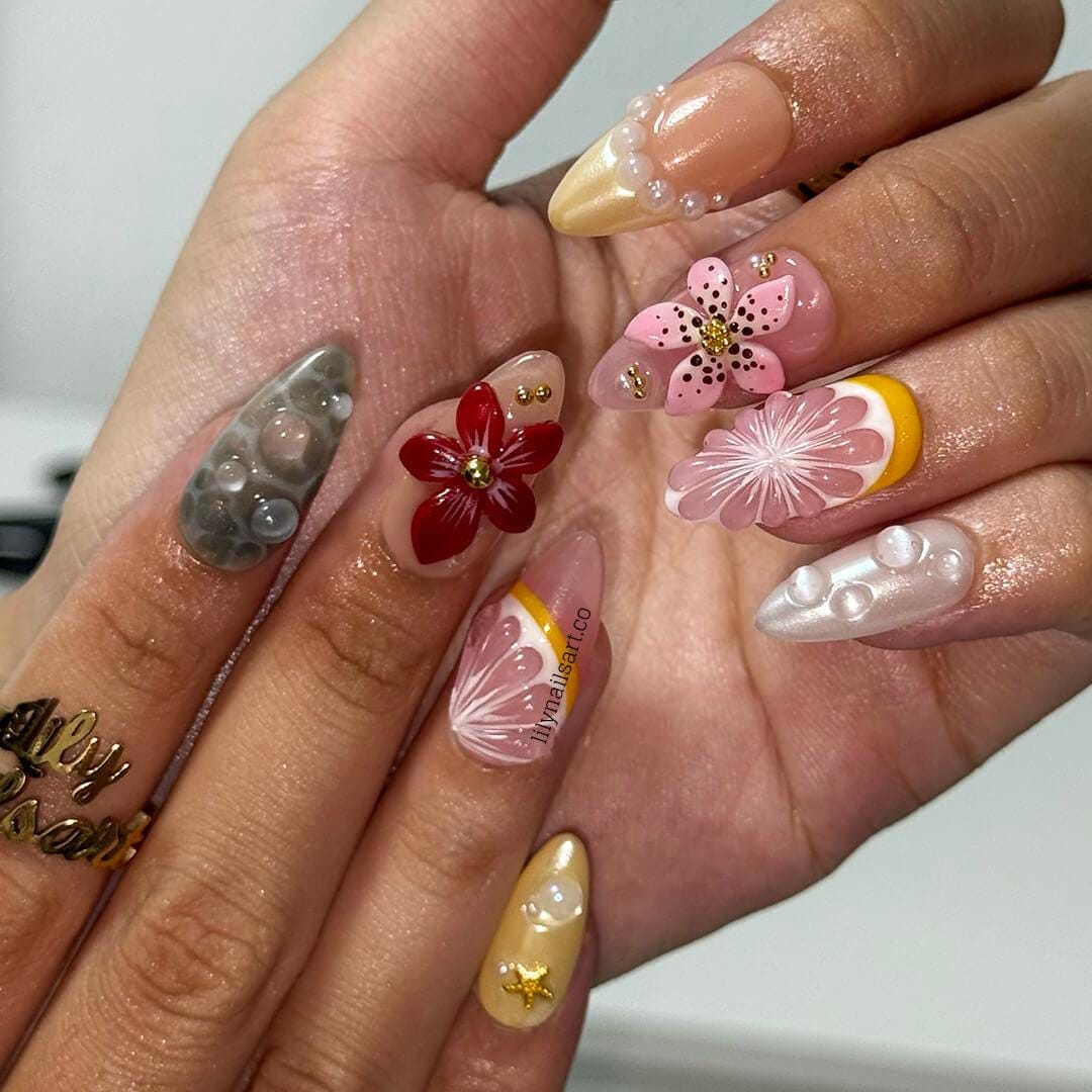 Summer Bloom Press on Nail with Starfish & Flower | Fruit Fake Nail in Medium Almond | Handmade Beach Nail Art for Vacation, Holiday, Party