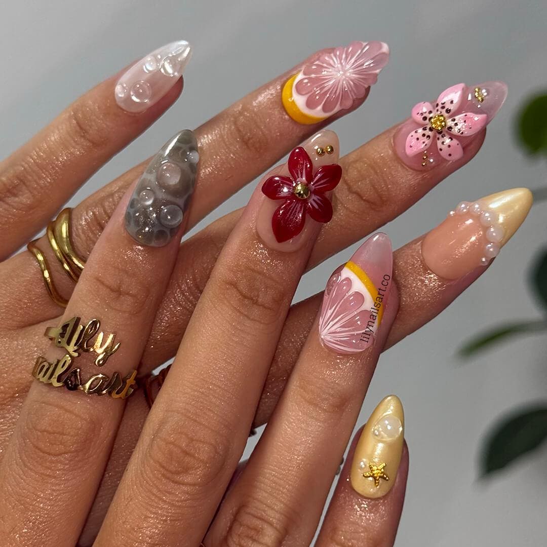 Summer Bloom Press on Nail with Starfish & Flower | Fruit Fake Nail in Medium Almond | Handmade Beach Nail Art for Vacation, Holiday, Party