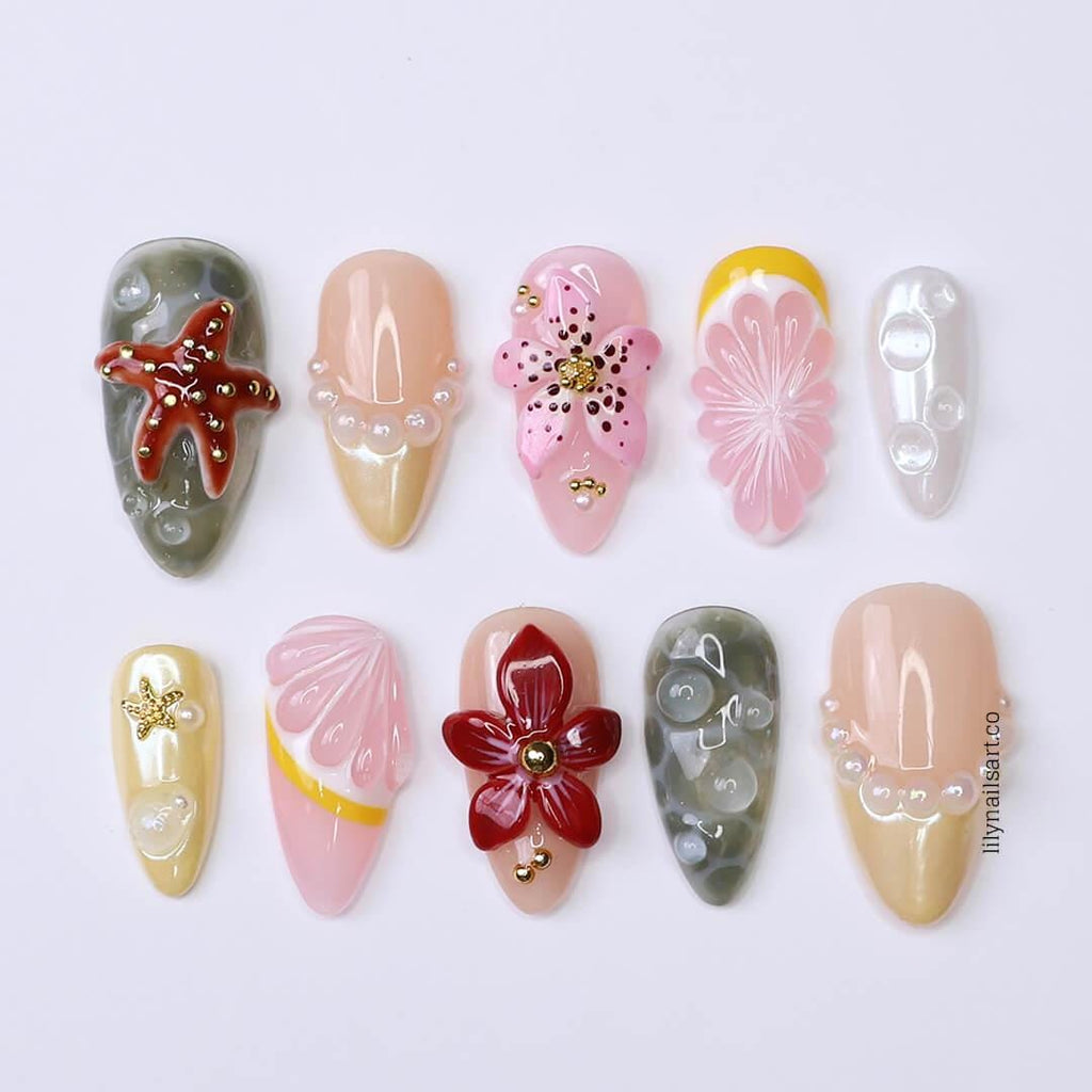 Summer Bloom Press on Nail with Starfish & Flower | Fruit Fake Nail in Medium Almond | Handmade Beach Nail Art for Vacation, Holiday, Party