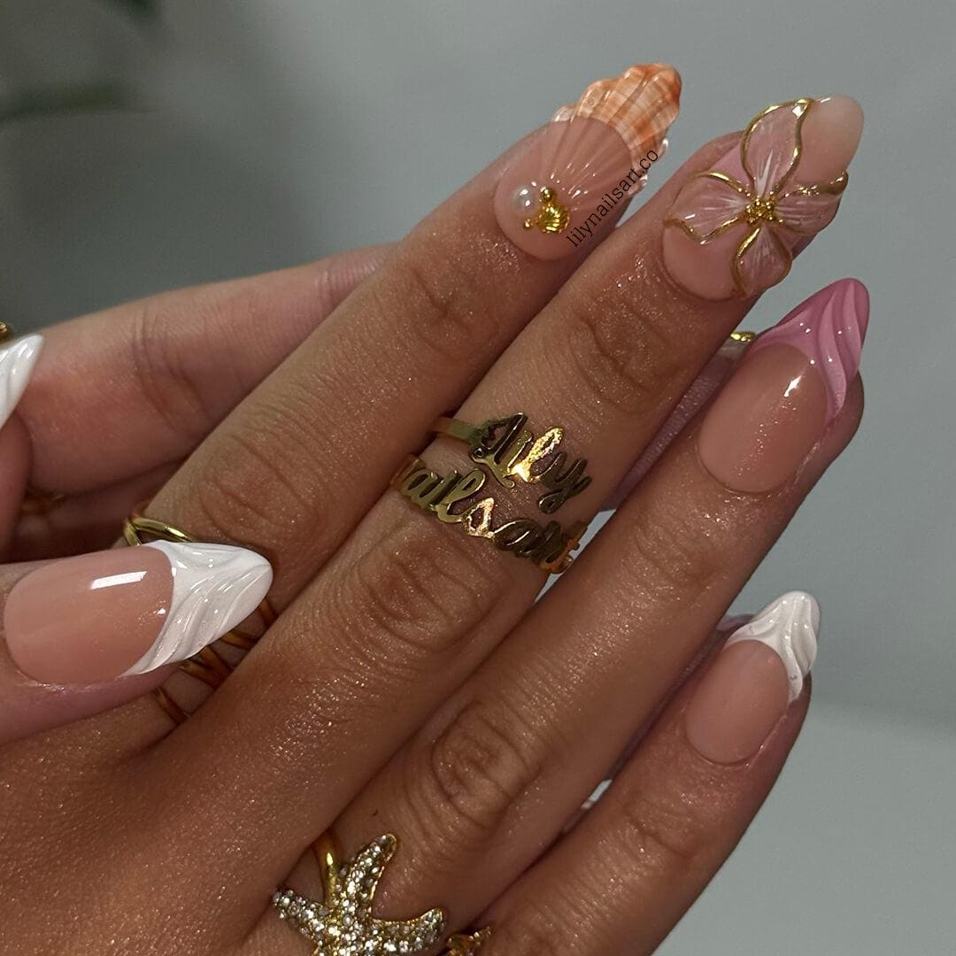Summer Press on Nail with 3D Flower & White French Tip | Seashell Fake Nail in Medium Almond | Handmade Nail Art for Vacation, Holiday