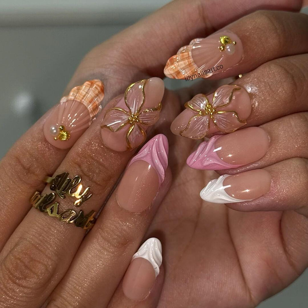 Summer Press on Nail with 3D Flower & White French Tip | Seashell Fake Nail in Medium Almond | Handmade Nail Art for Vacation, Holiday