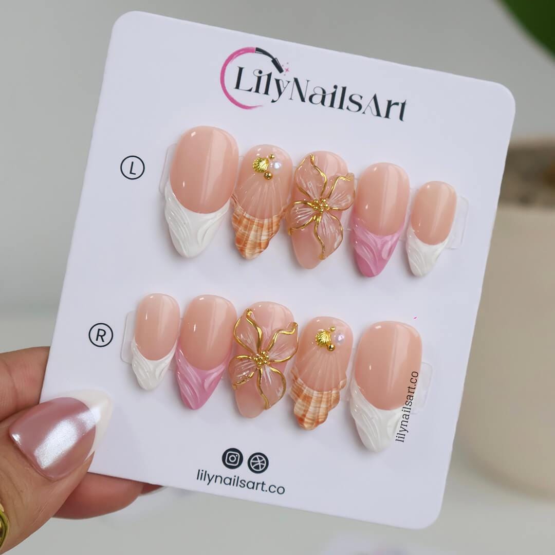 Summer Press on Nail with 3D Flower & White French Tip | Seashell Fake Nail in Medium Almond | Handmade Nail Art for Vacation, Holiday