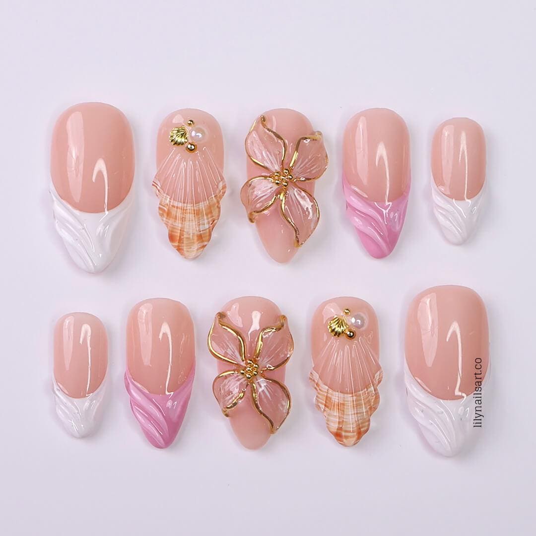Summer Press on Nail with 3D Flower & White French Tip | Seashell Fake Nail in Medium Almond | Handmade Nail Art for Vacation, Holiday