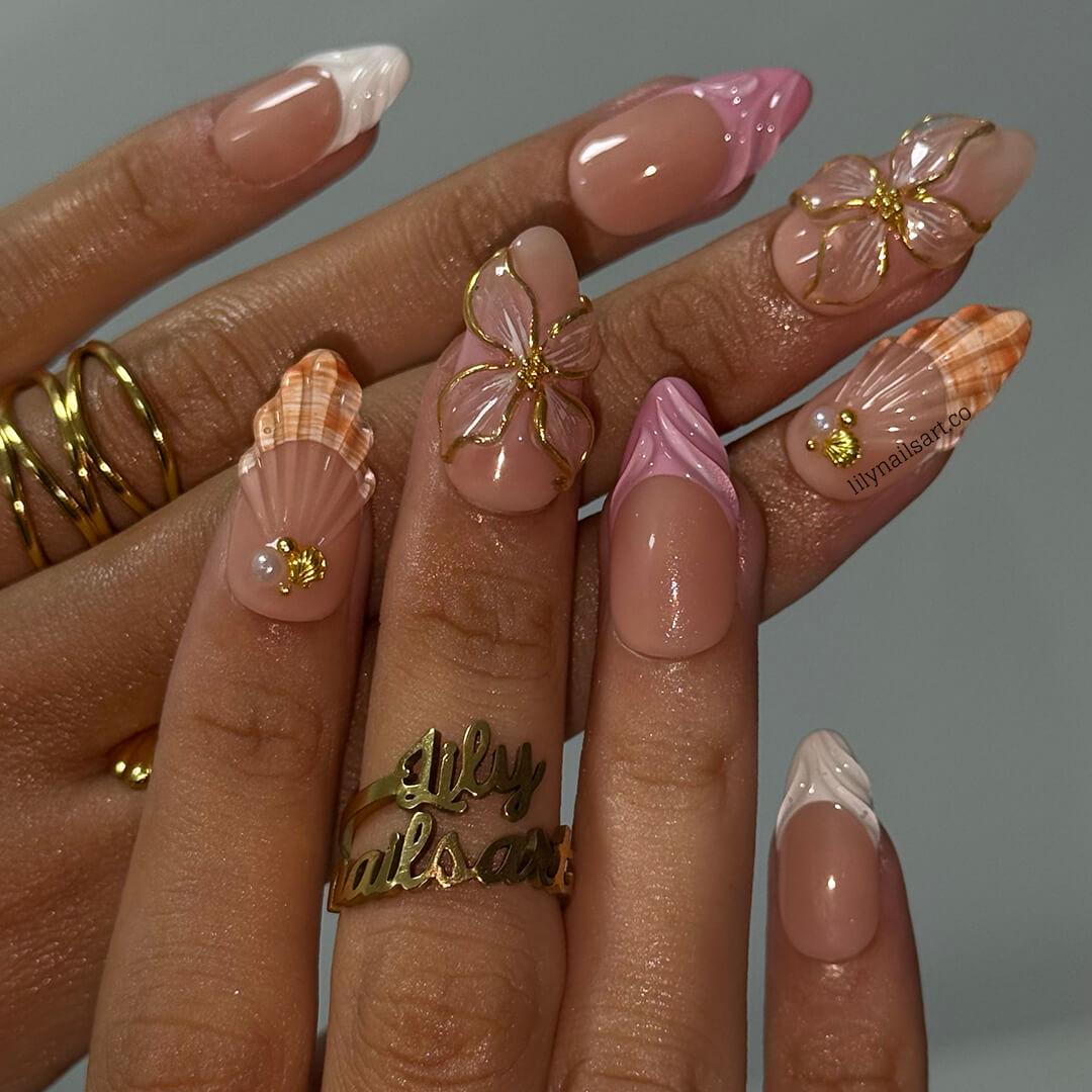 Summer Press on Nail with 3D Flower & White French Tip | Seashell Fake Nail in Medium Almond | Handmade Nail Art for Vacation, Holiday
