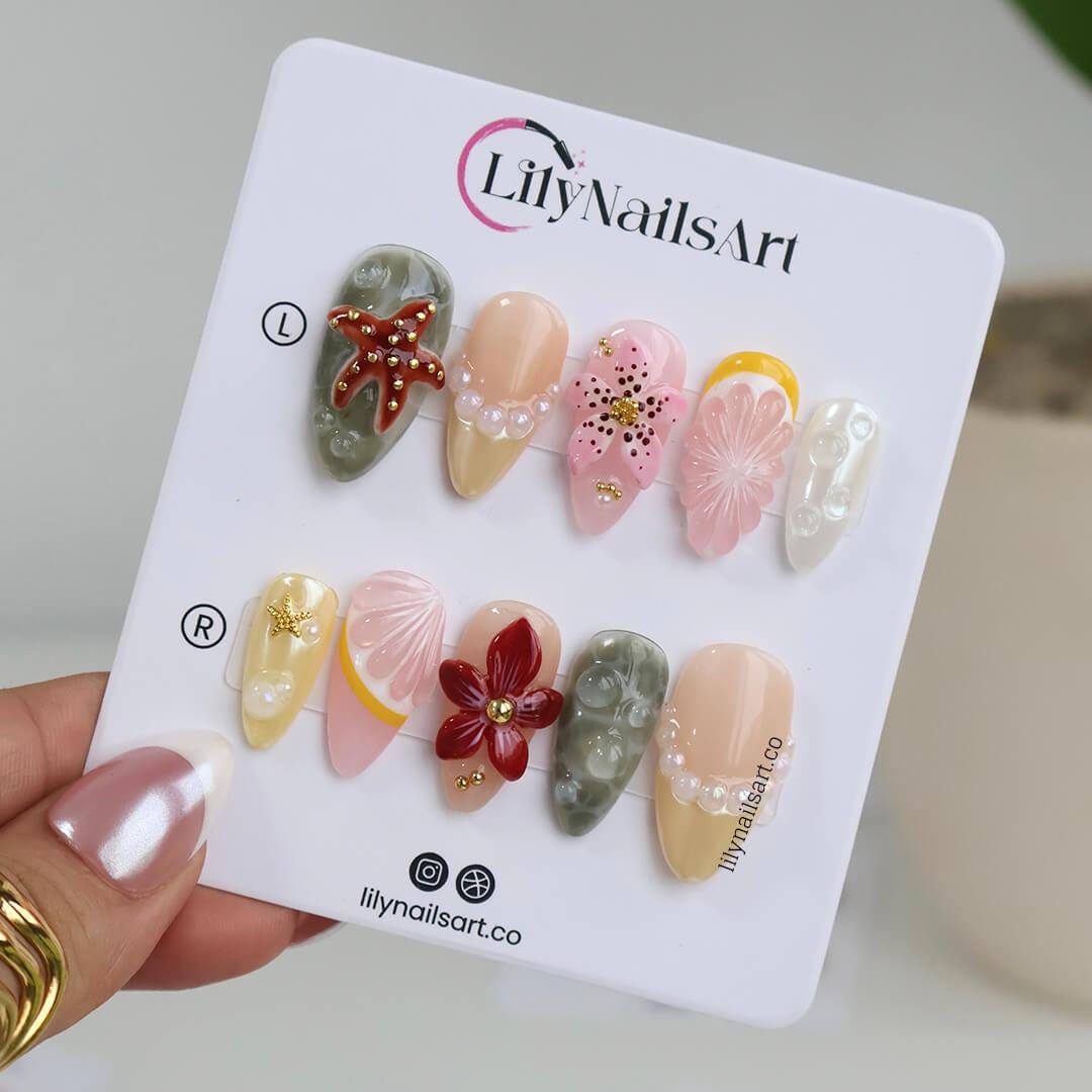 Summer Bloom Press on Nail with Starfish & Flower | Fruit Fake Nail in Medium Almond | Handmade Beach Nail Art for Vacation, Holiday, Party