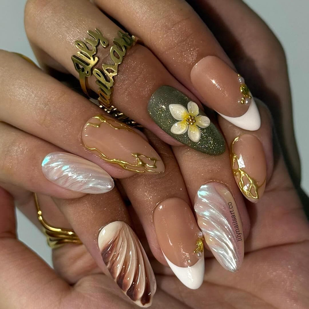 Summer Press on Nails with Plumeria & Seashell | Pastel Fake Nails in Medium Almond | Handmade Nail Art for Vacation, Holiday, Everyday Wear