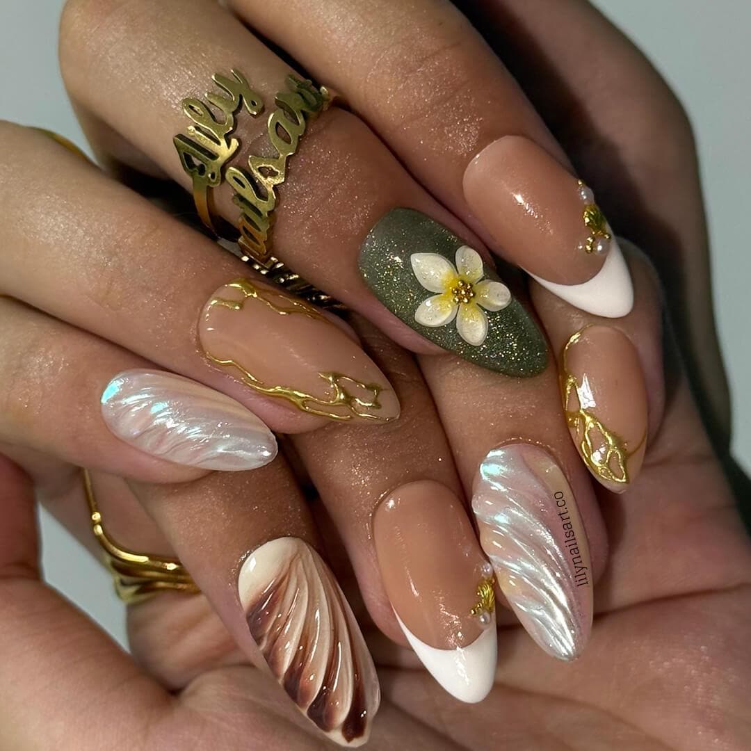 Summer Press on Nails with Plumeria & Seashell | Pastel Fake Nails in Medium Almond | Handmade Nail Art for Vacation, Holiday, Everyday Wear