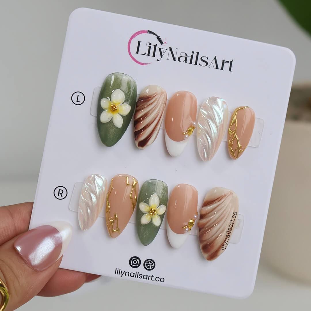 Summer Press on Nails with Plumeria & Seashell | Pastel Fake Nails in Medium Almond | Handmade Nail Art for Vacation, Holiday, Everyday Wear