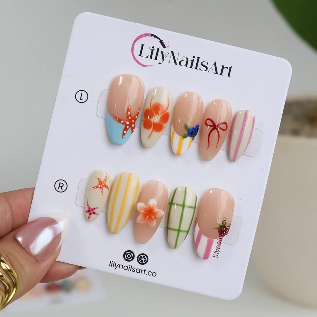 Playful Summer Press on Nails with Fruit, Flower & Starfish | Cute Fake Nails in Medium Almond | Handmade Nail Art for Vacation, Beach, Gift