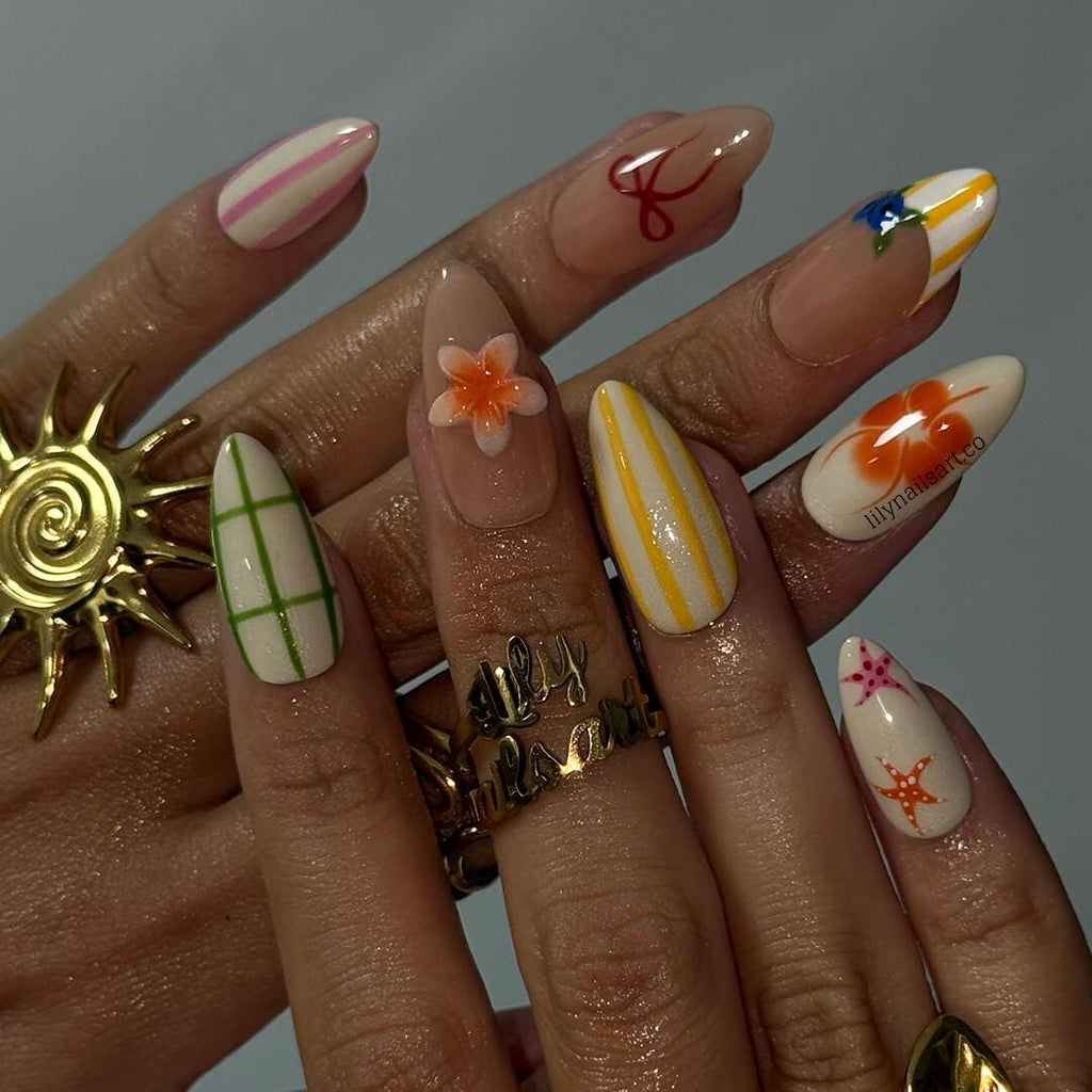 Playful Summer Press on Nails with Fruit, Flower & Starfish | Cute Fake Nails in Medium Almond | Handmade Nail Art for Vacation, Beach, Gift