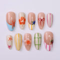 Playful Summer Press on Nails with Fruit, Flower & Starfish | Cute Fake Nails in Medium Almond | Handmade Nail Art for Vacation, Beach, Gift