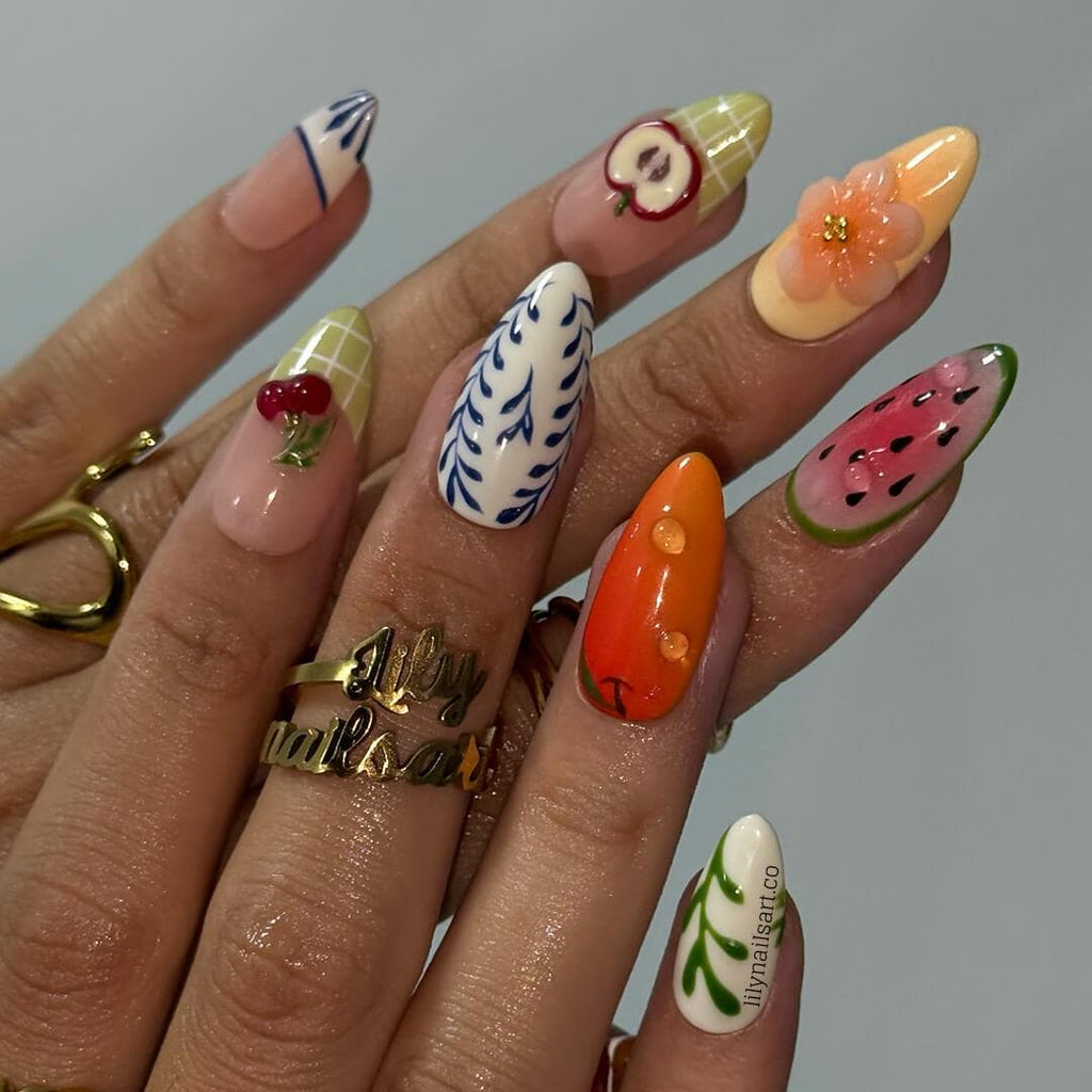 Summer Press on Nails with Fruit & Floral Accents | Cute Handmade Fake Nails in Medium Almond | Fun Nail Art for Vacation, Beach Day or Gift
