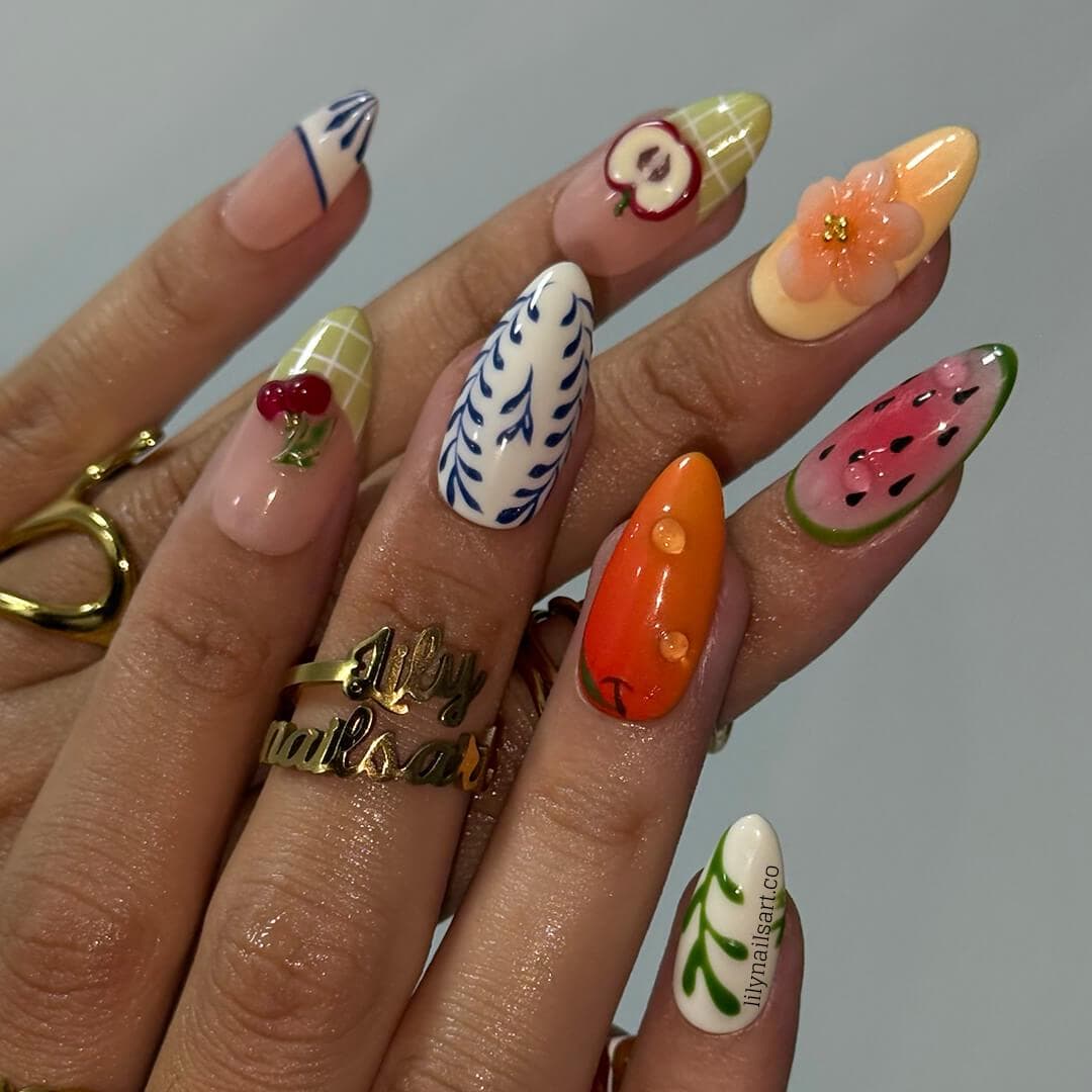 Summer Press on Nails with Fruit & Floral Accents | Cute Handmade Fake Nails in Medium Almond | Fun Nail Art for Vacation, Beach Day or Gift