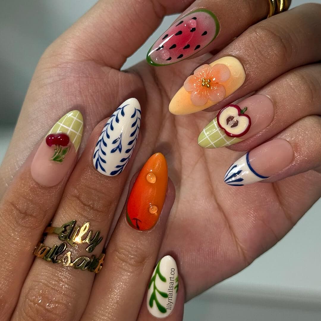 Summer Press on Nails with Fruit & Floral Accents | Cute Handmade Fake Nails in Medium Almond | Fun Nail Art for Vacation, Beach Day or Gift