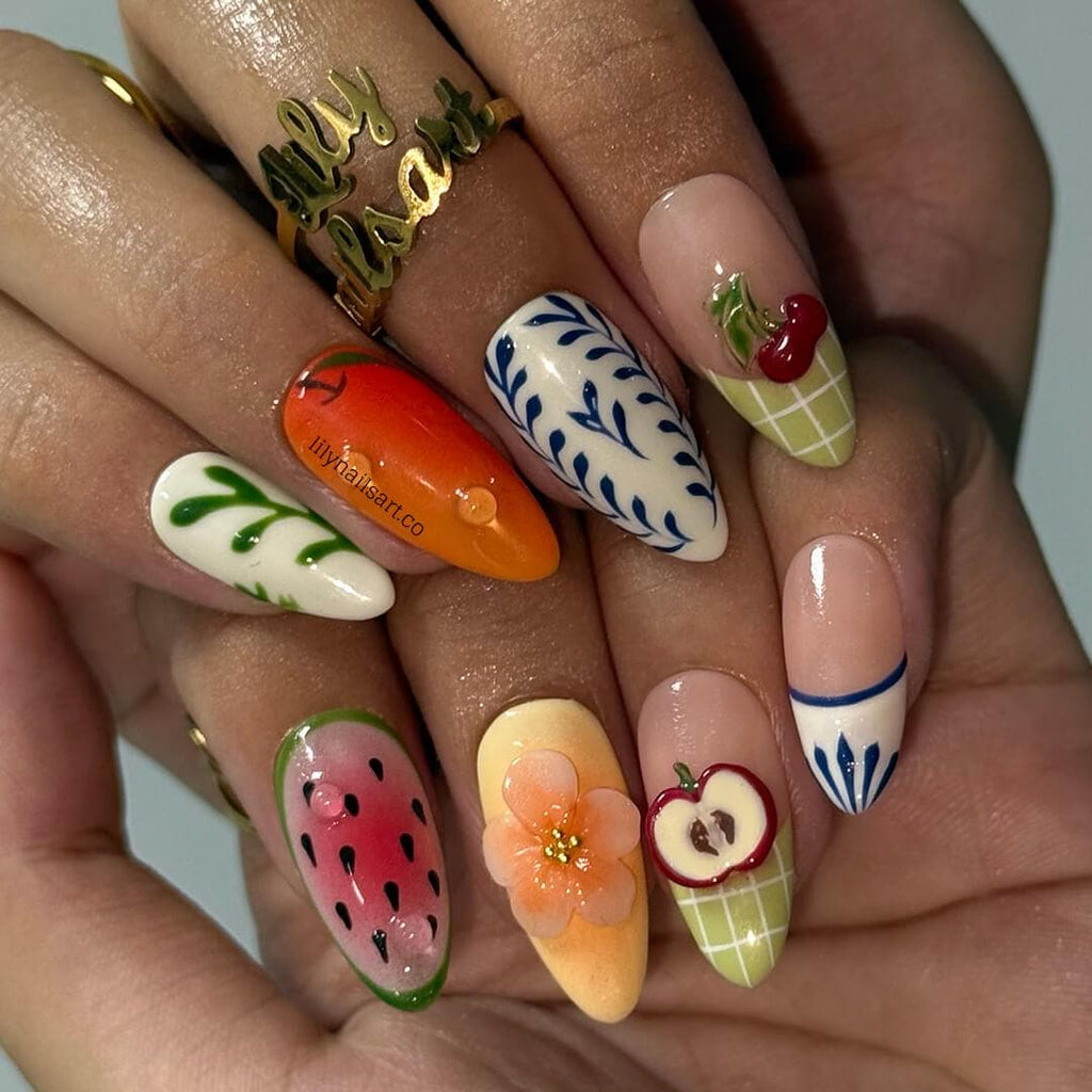 Summer Press on Nails with Fruit & Floral Accents | Cute Handmade Fake Nails in Medium Almond | Fun Nail Art for Vacation, Beach Day or Gift