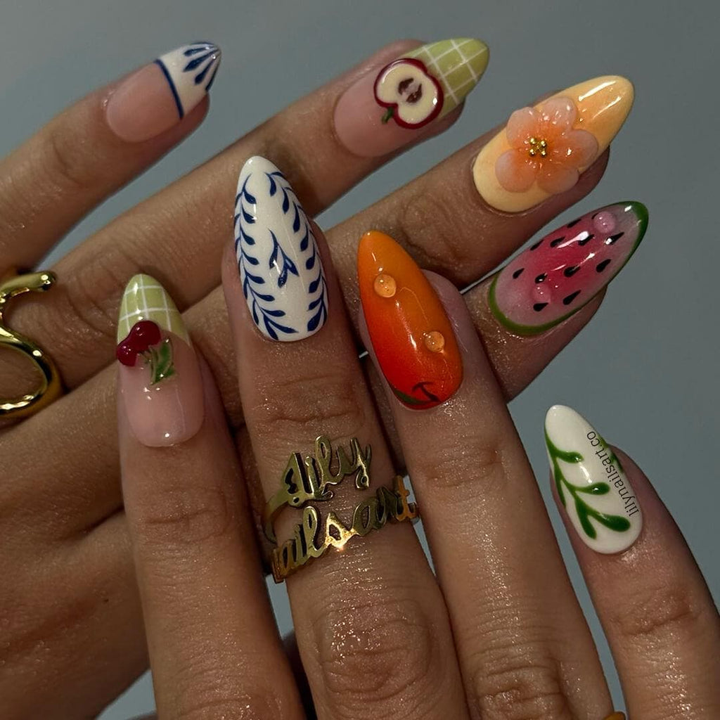 Summer Press on Nails with Fruit & Floral Accents | Cute Handmade Fake Nails in Medium Almond | Fun Nail Art for Vacation, Beach Day or Gift