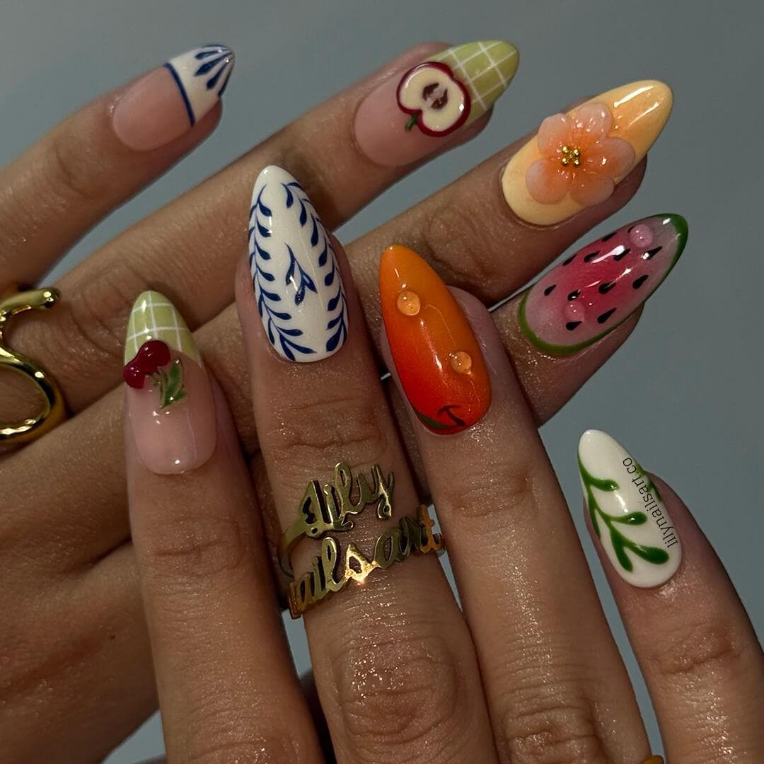 Summer Press on Nails with Fruit & Floral Accents | Cute Handmade Fake Nails in Medium Almond | Fun Nail Art for Vacation, Beach Day or Gift