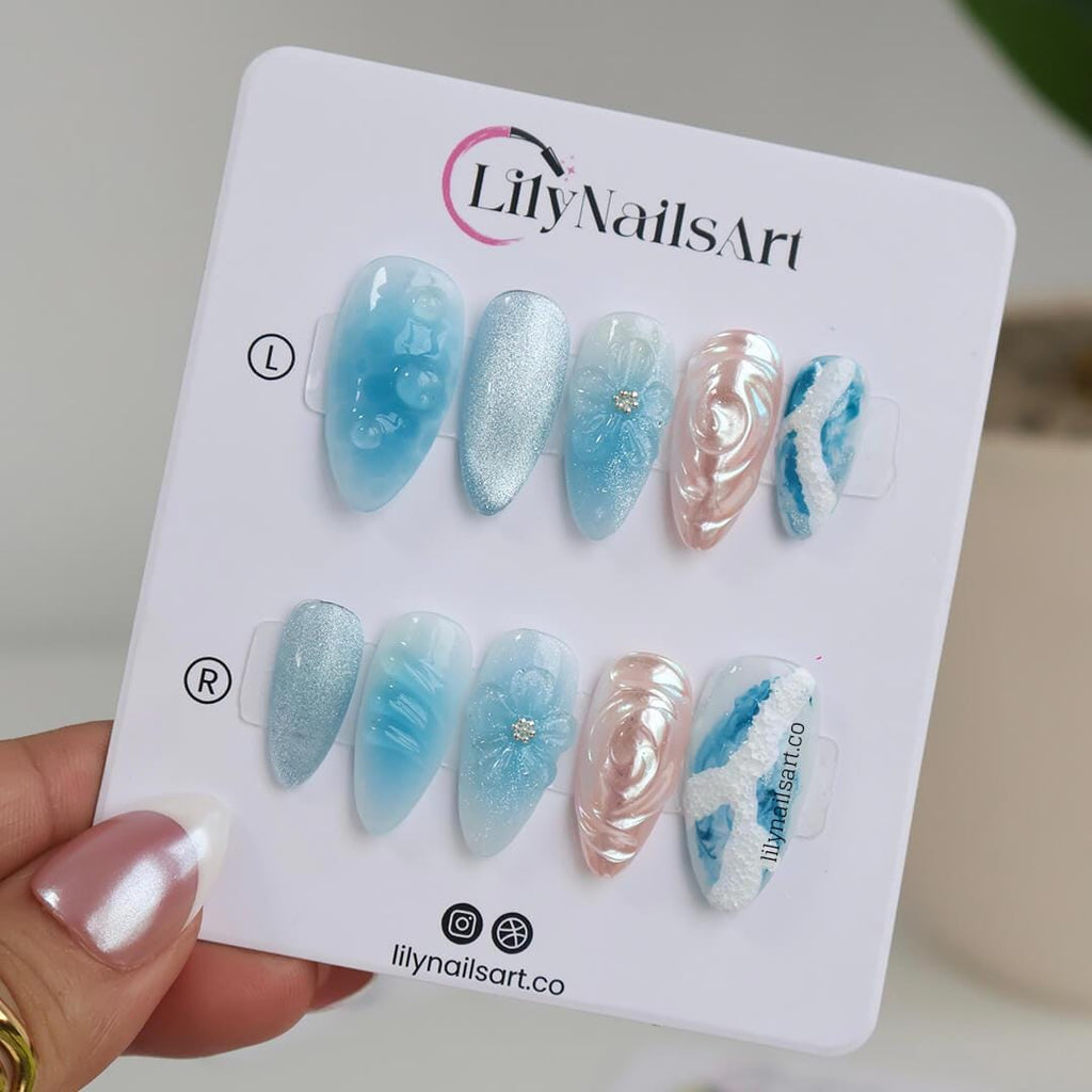Summer Press on Nail with Ocean Waves & Pearl Rose | 3D Blue Fake Nails in Medium Almond | Handmade Beach Nail Art for Vacation, Party, Gift