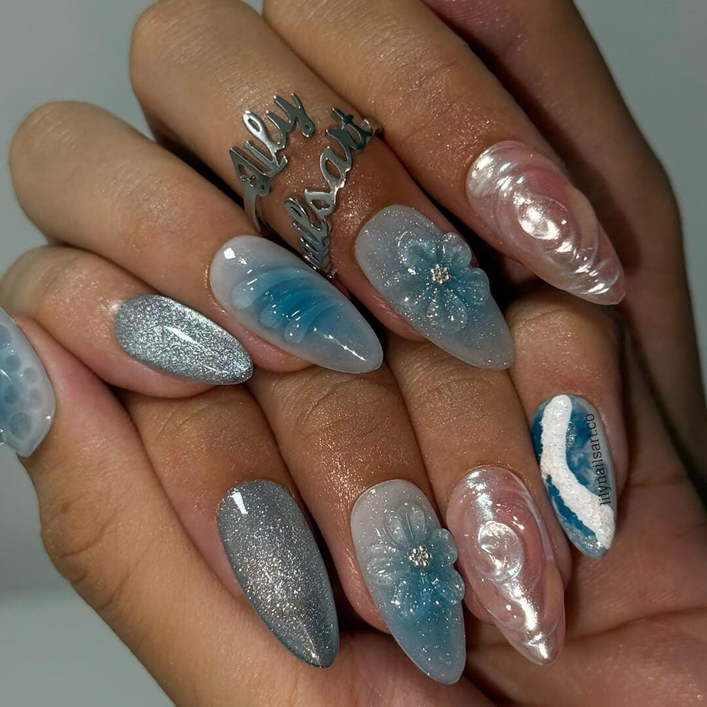 Summer Press on Nail with Ocean Waves & Pearl Rose | 3D Blue Fake Nails in Medium Almond | Handmade Beach Nail Art for Vacation, Party, Gift