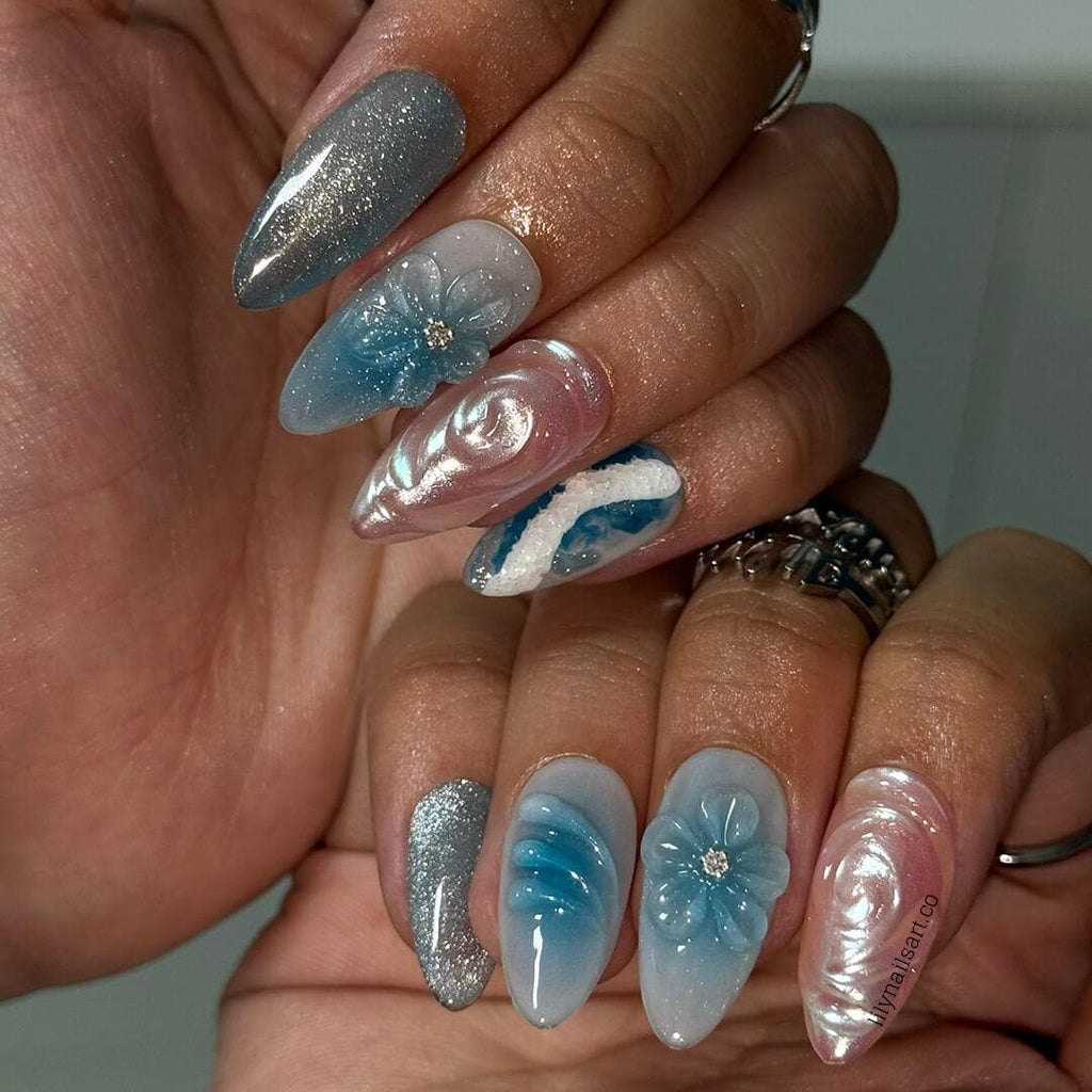 Summer Press on Nail with Ocean Waves & Pearl Rose | 3D Blue Fake Nails in Medium Almond | Handmade Beach Nail Art for Vacation, Party, Gift