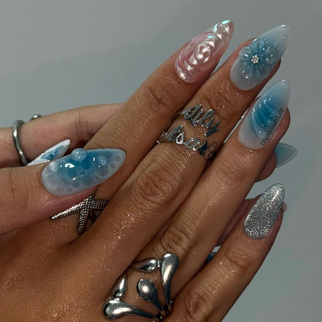 Summer Press on Nail with Ocean Waves & Pearl Rose | 3D Blue Fake Nails in Medium Almond | Handmade Beach Nail Art for Vacation, Party, Gift