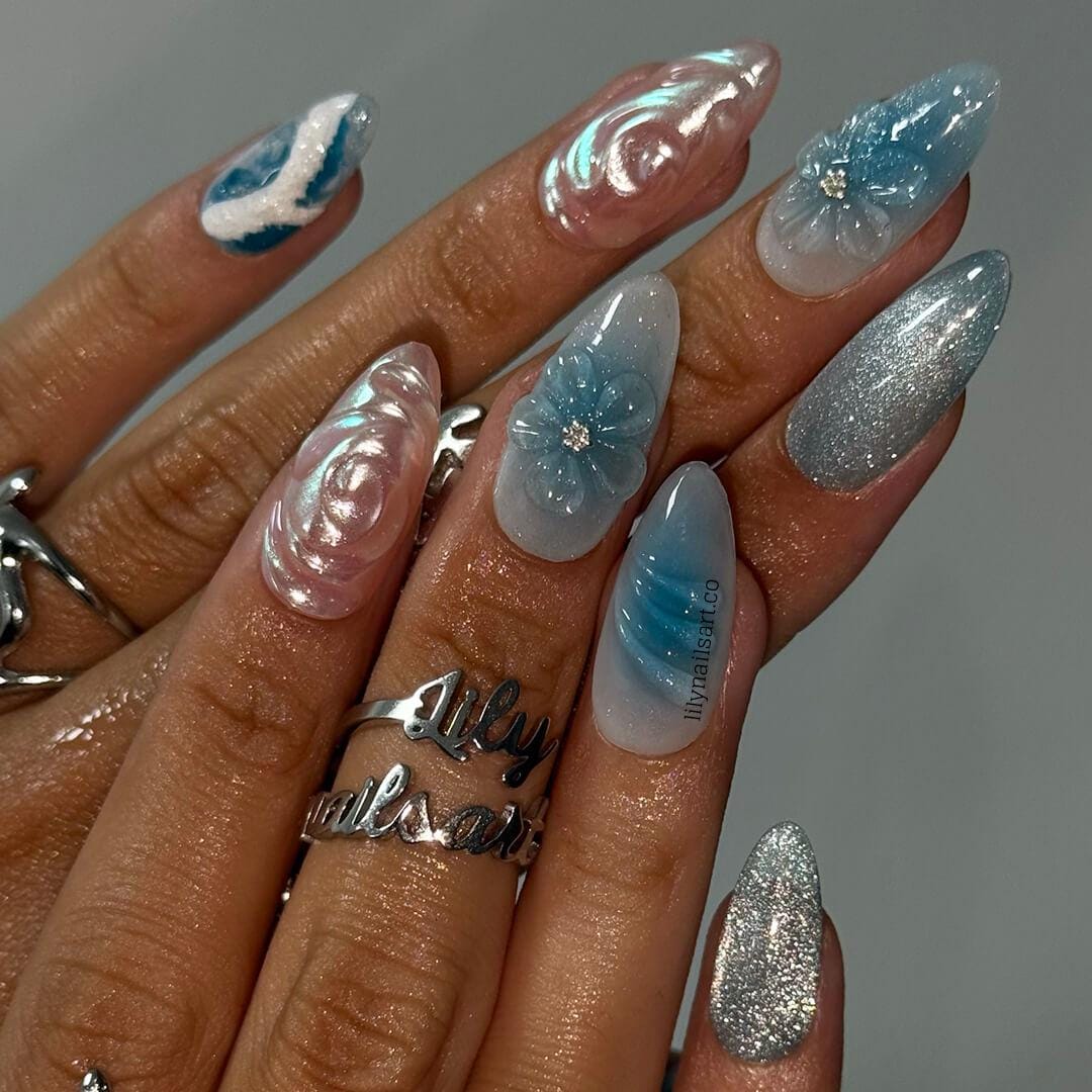 Summer Press on Nail with Ocean Waves & Pearl Rose | 3D Blue Fake Nails in Medium Almond | Handmade Beach Nail Art for Vacation, Party, Gift