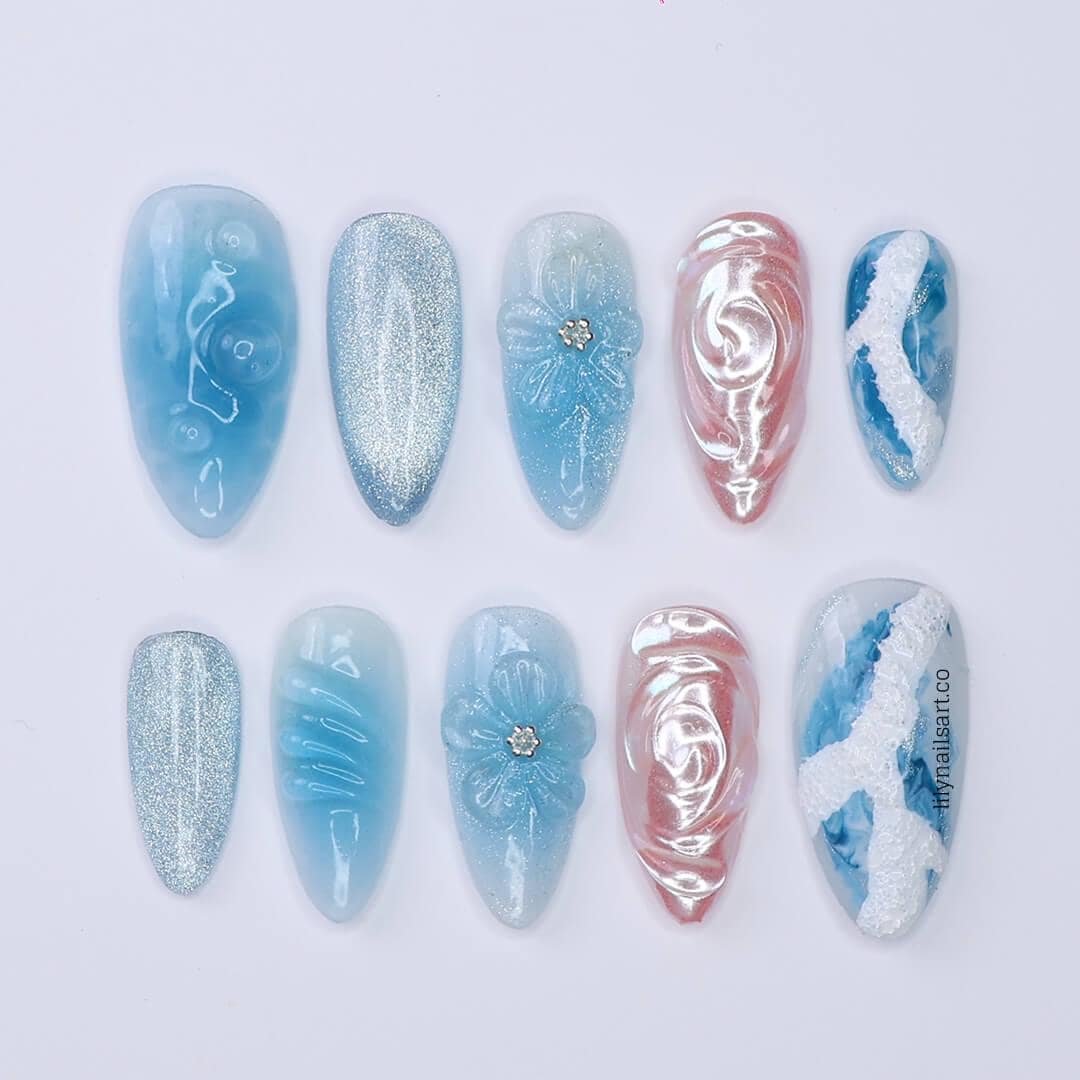 Summer Press on Nail with Ocean Waves & Pearl Rose | 3D Blue Fake Nails in Medium Almond | Handmade Beach Nail Art for Vacation, Party, Gift