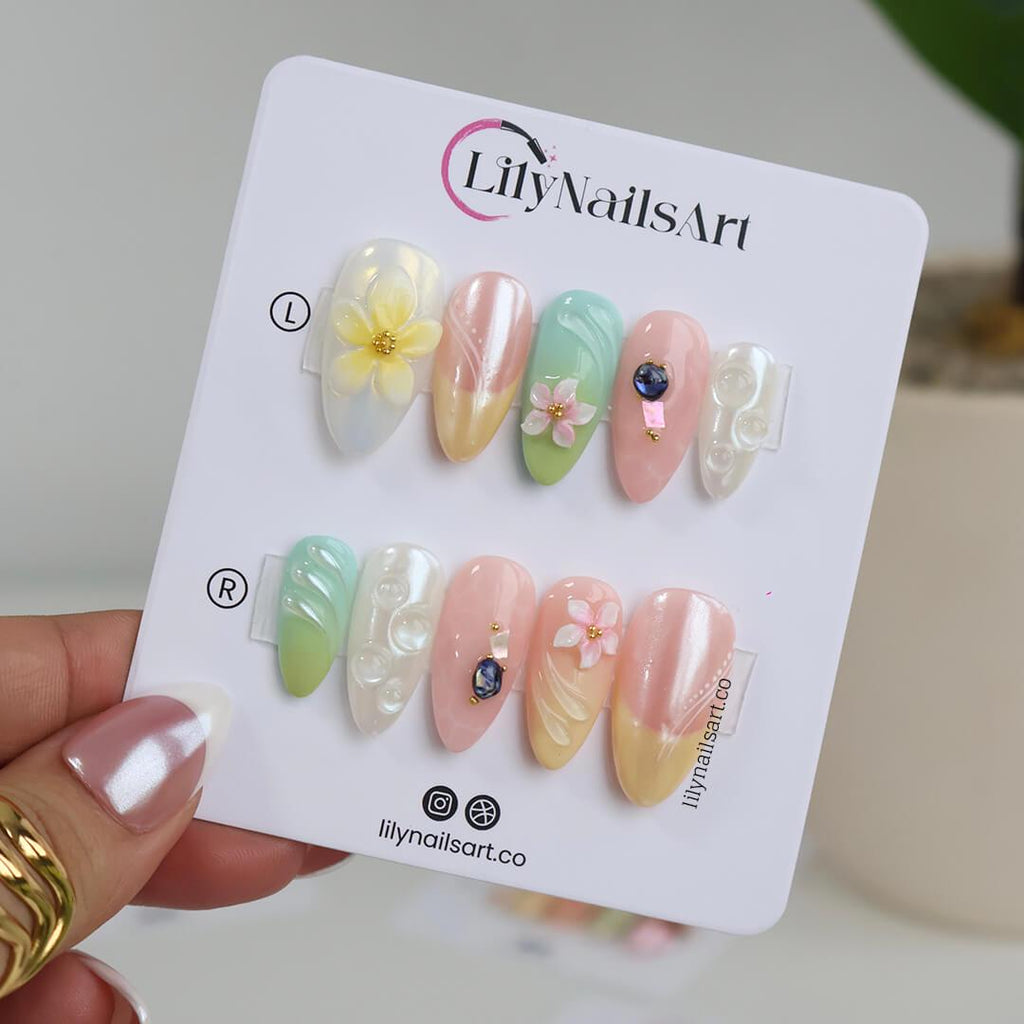 Summer Press on Nails with Pastel Flowers | French Tip Fake Nails in Medium Almond | Handmade Nail Art for Vacation, Beach & Everyday Wear
