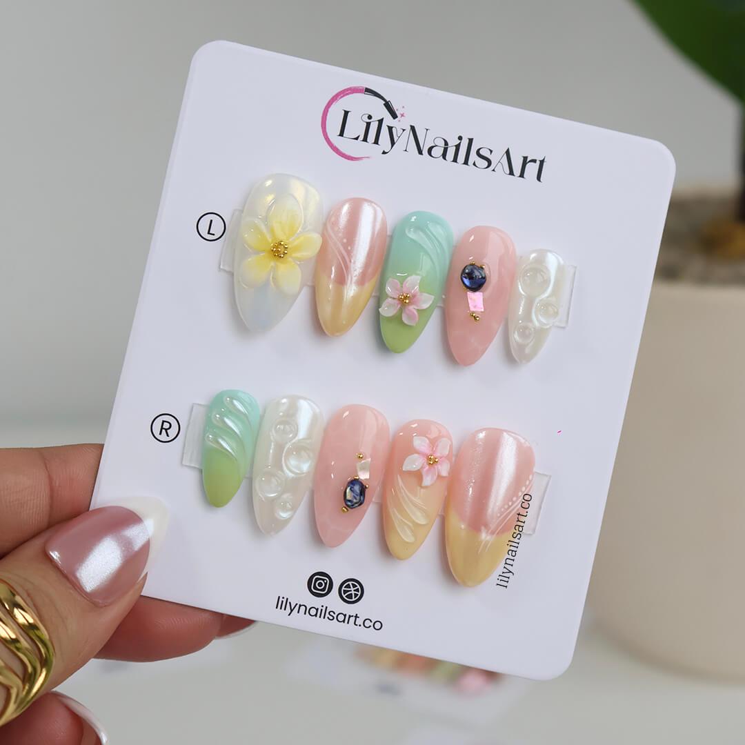 Summer Press on Nails with Pastel Flowers | French Tip Fake Nails in Medium Almond | Handmade Nail Art for Vacation, Beach & Everyday Wear