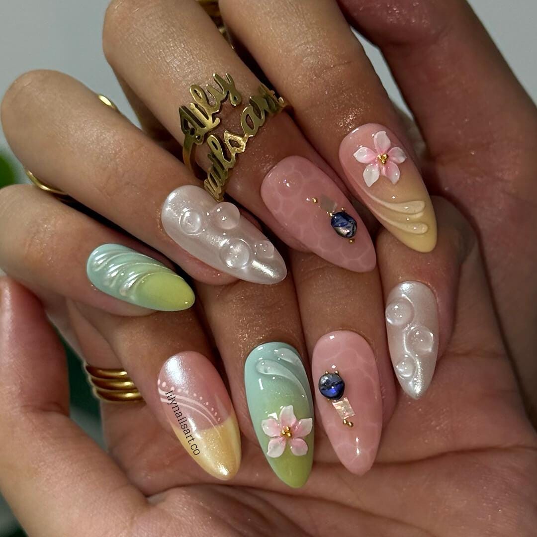 Summer Press on Nails with Pastel Flowers | French Tip Fake Nails in Medium Almond | Handmade Nail Art for Vacation, Beach & Everyday Wear