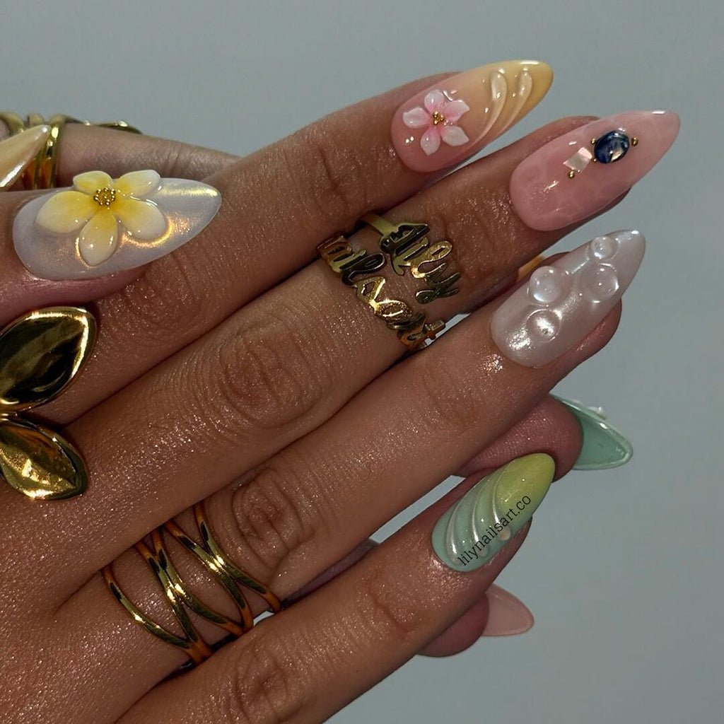 Summer Press on Nails with Pastel Flowers | French Tip Fake Nails in Medium Almond | Handmade Nail Art for Vacation, Beach & Everyday Wear