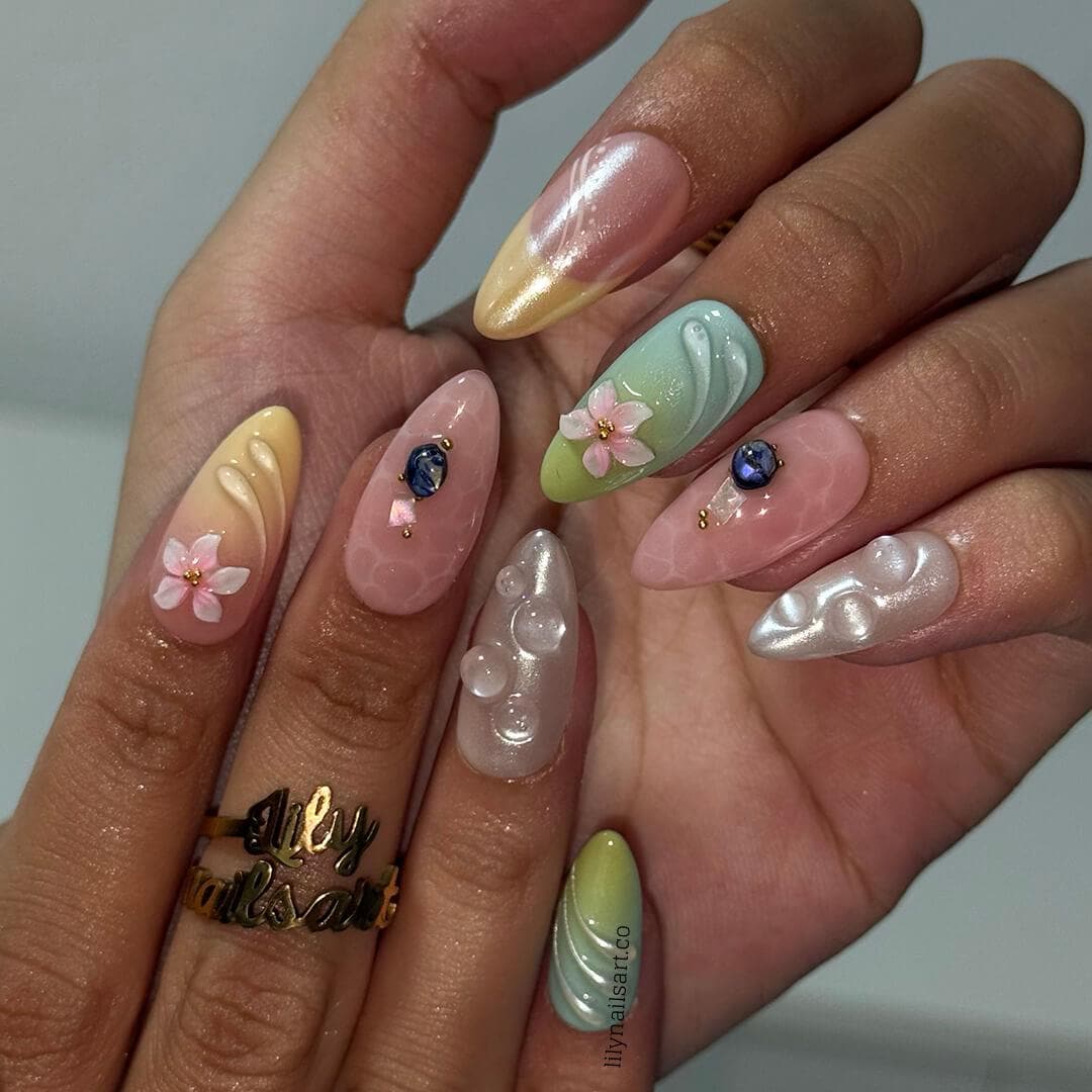 Summer Press on Nails with Pastel Flowers | French Tip Fake Nails in Medium Almond | Handmade Nail Art for Vacation, Beach & Everyday Wear