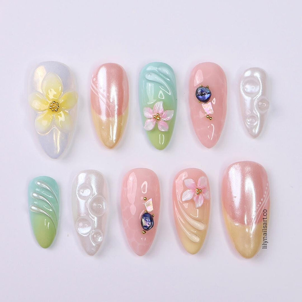 Summer Press on Nails with Pastel Flowers | French Tip Fake Nails in Medium Almond | Handmade Nail Art for Vacation, Beach & Everyday Wear