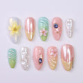 Summer Press on Nails with Pastel Flowers | French Tip Fake Nails in Medium Almond | Handmade Nail Art for Vacation, Beach & Everyday Wear