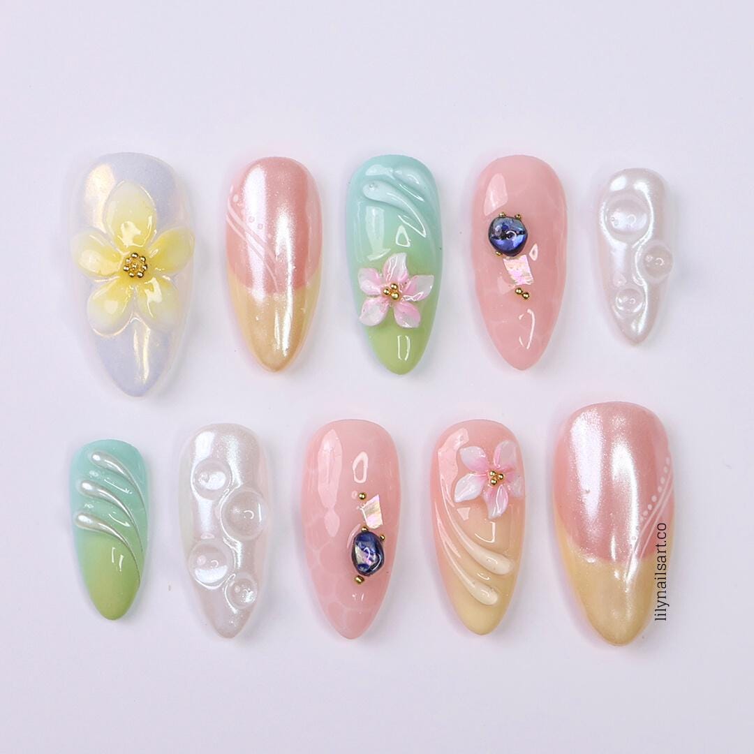 Summer Press on Nails with Pastel Flowers | French Tip Fake Nails in Medium Almond | Handmade Nail Art for Vacation, Beach & Everyday Wear