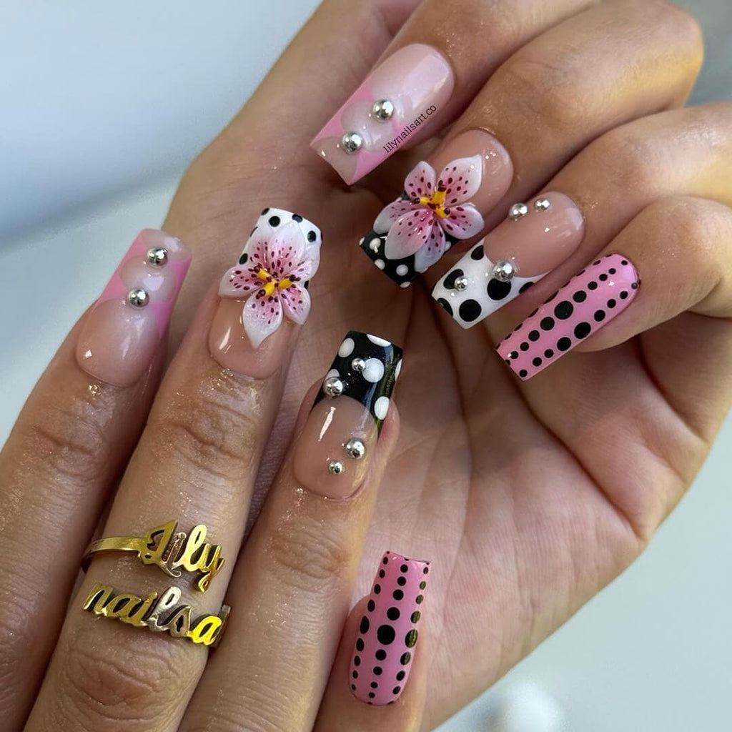 Polka Dot Press On Nail, Pink and Black Retro with 3D Flower & Silver Bead | Fake Nail in Medium Square | Handmade Nail Art for Everyday