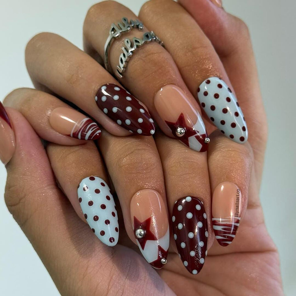 Polka Dot Press On Nails with Retro Stars in Red & Blue | Medium Almond Fake Nails | Handmade Vintage Nail Art for Everyday Wear Or Gift