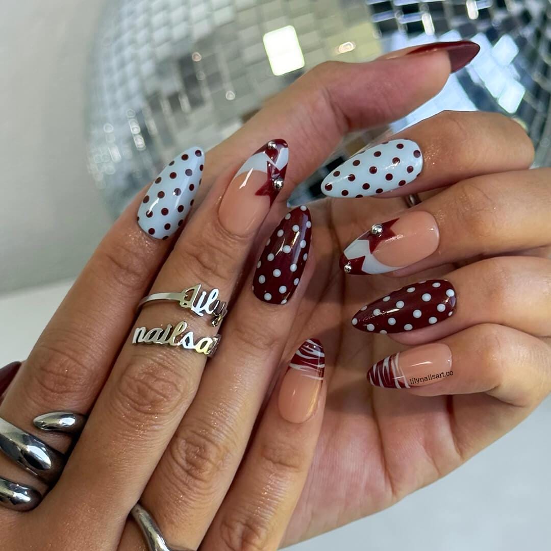 Polka Dot Press On Nails with Retro Stars in Red & Blue | Medium Almond Fake Nails | Handmade Vintage Nail Art for Everyday Wear Or Gift