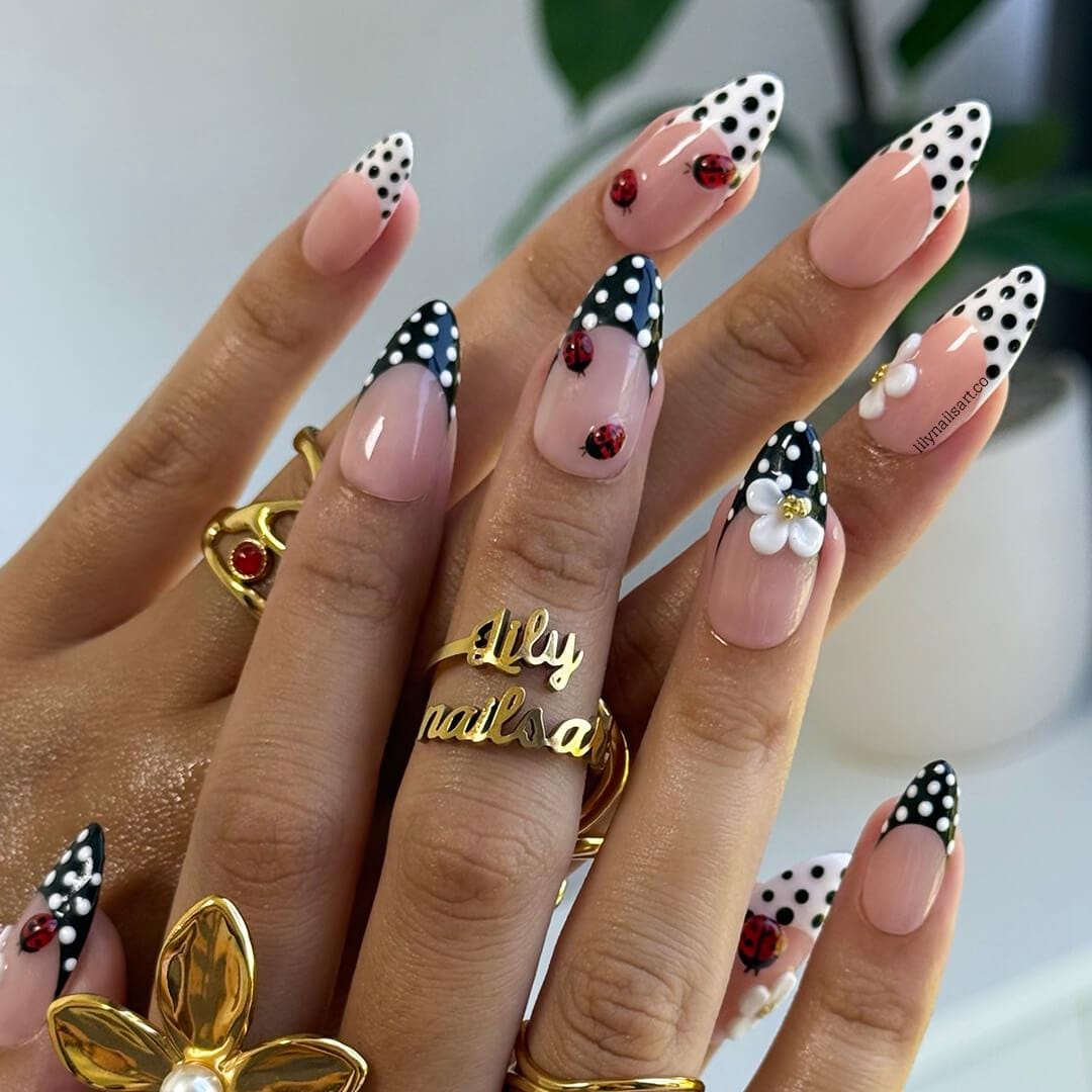 Polka Dot Press on Nails with Ladybug & Daisy | French Tip Fake Nails in Medium Almond | Handmade Spring Nail Art for Everyday Wear Or Gift