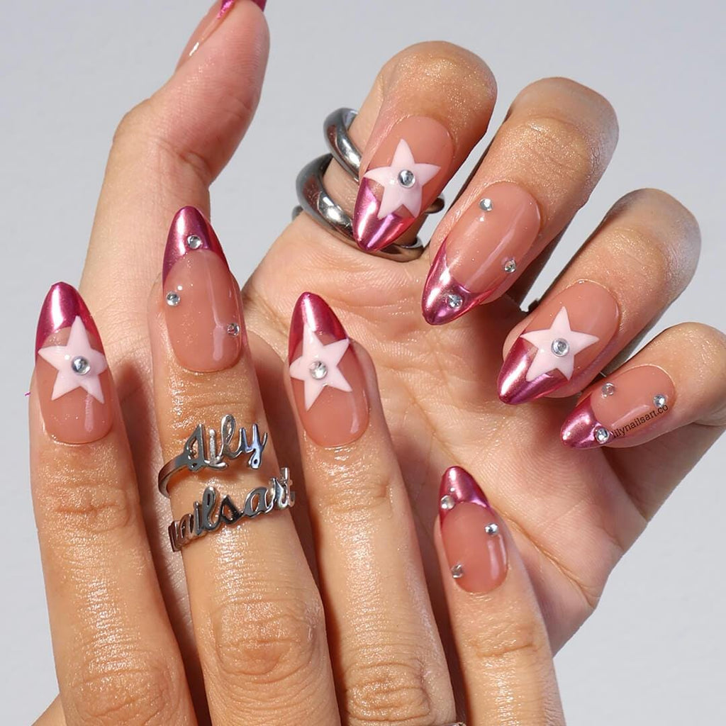 Pink Chrome Press On Nail in Medium Almond, Handmade Fake Nail with Pastel Star and French Tip, Custom Handmade Nail for Party or Everyday