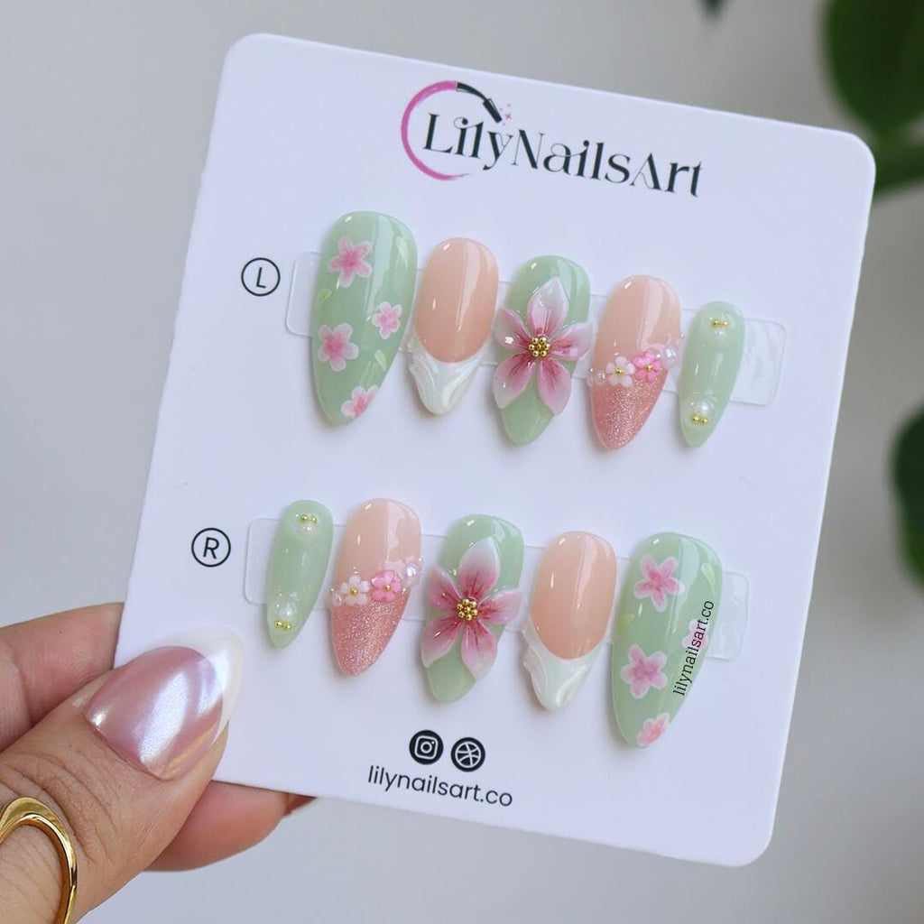 Pastel Green Press On Nails with Pink Blossoms | 3D Flower Fake Nails in Medium Almond | Handmade Nail Art for Everyday Wear or Gift