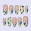Blueberry Press On Nails with Yellow French Tips | Medium Almond Fake Nails | Handmade Summer Fruit Nail Art for Party & Gift