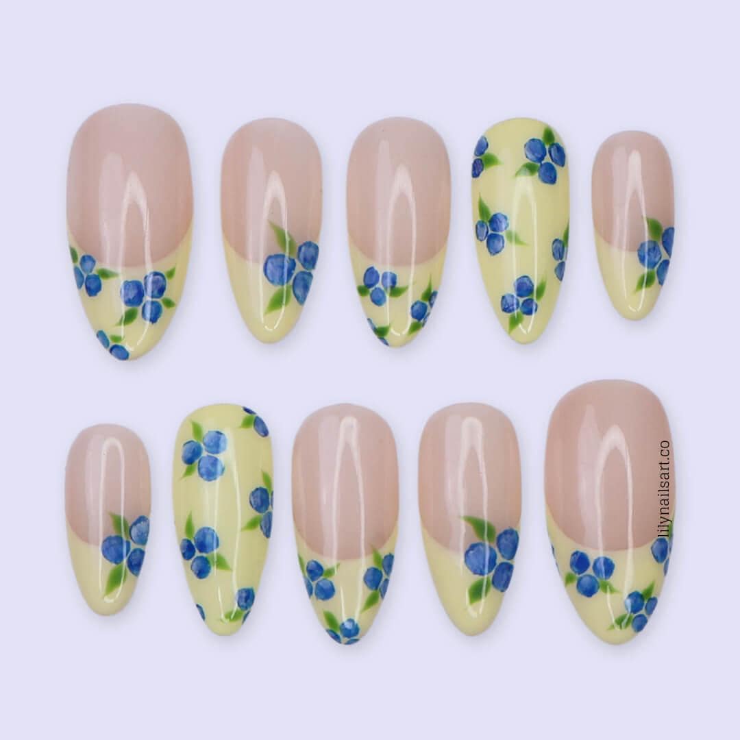 Blueberry Press On Nails with Yellow French Tips | Medium Almond Fake Nails | Handmade Summer Fruit Nail Art for Party & Gift
