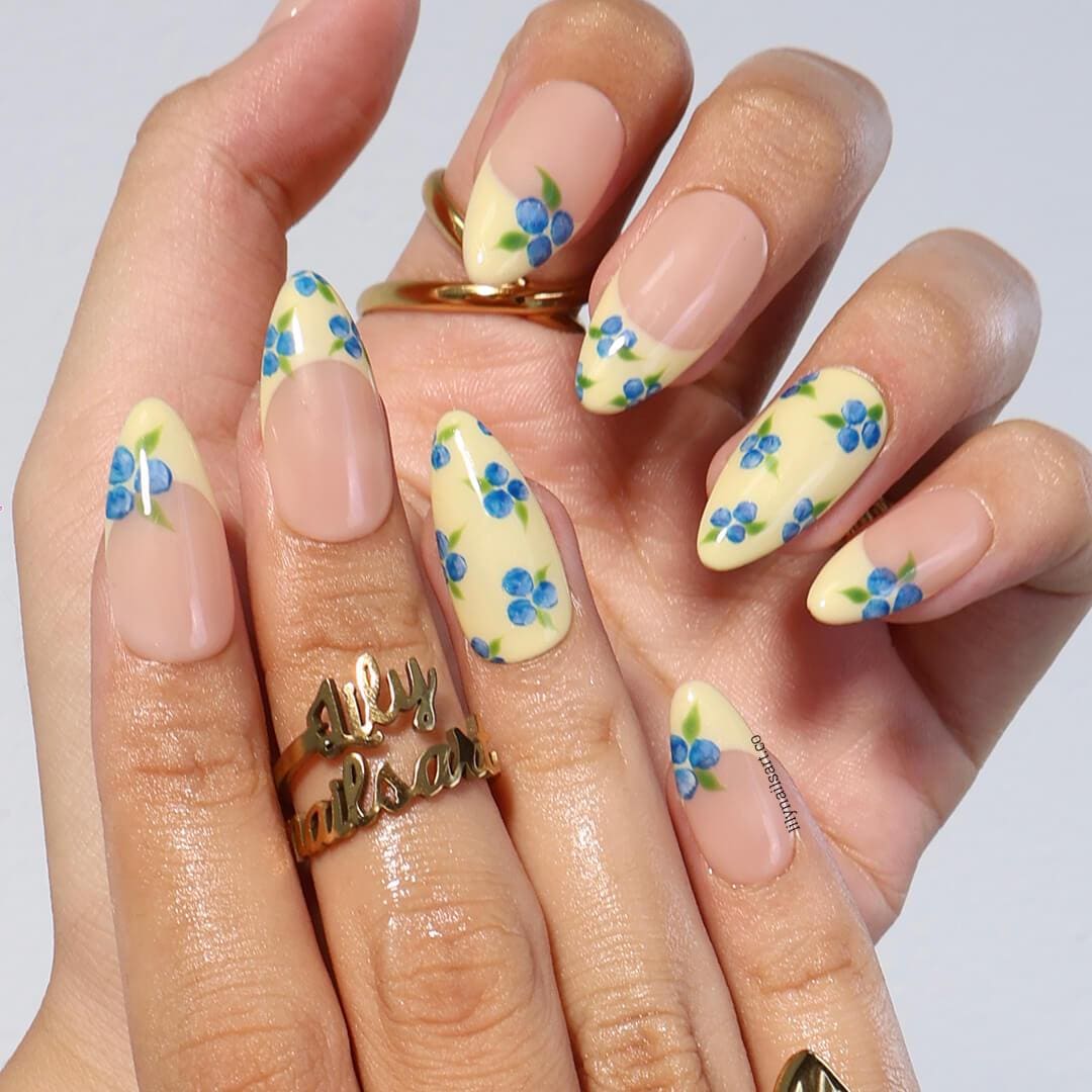 Blueberry Press On Nails with Yellow French Tips | Medium Almond Fake Nails | Handmade Summer Fruit Nail Art for Party & Gift