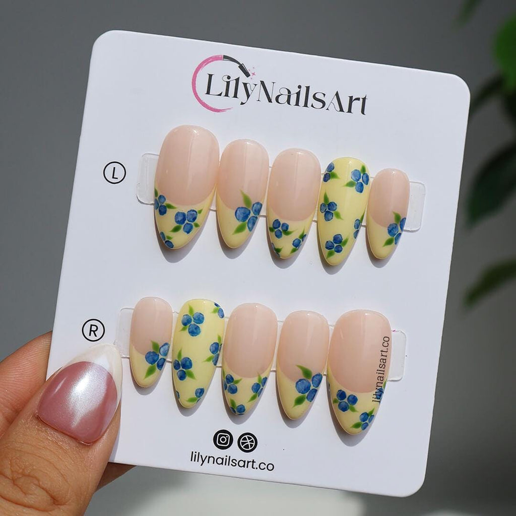 Blueberry Press On Nails with Yellow French Tips | Medium Almond Fake Nails | Handmade Summer Fruit Nail Art for Party & Gift