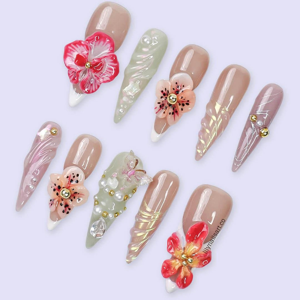 3D Floral Press On Nail with Nude and Pastel Base, Long Almond Handmade Nails with Gem, Pearl & Butterfly, Custom Nail for Everyday or Event