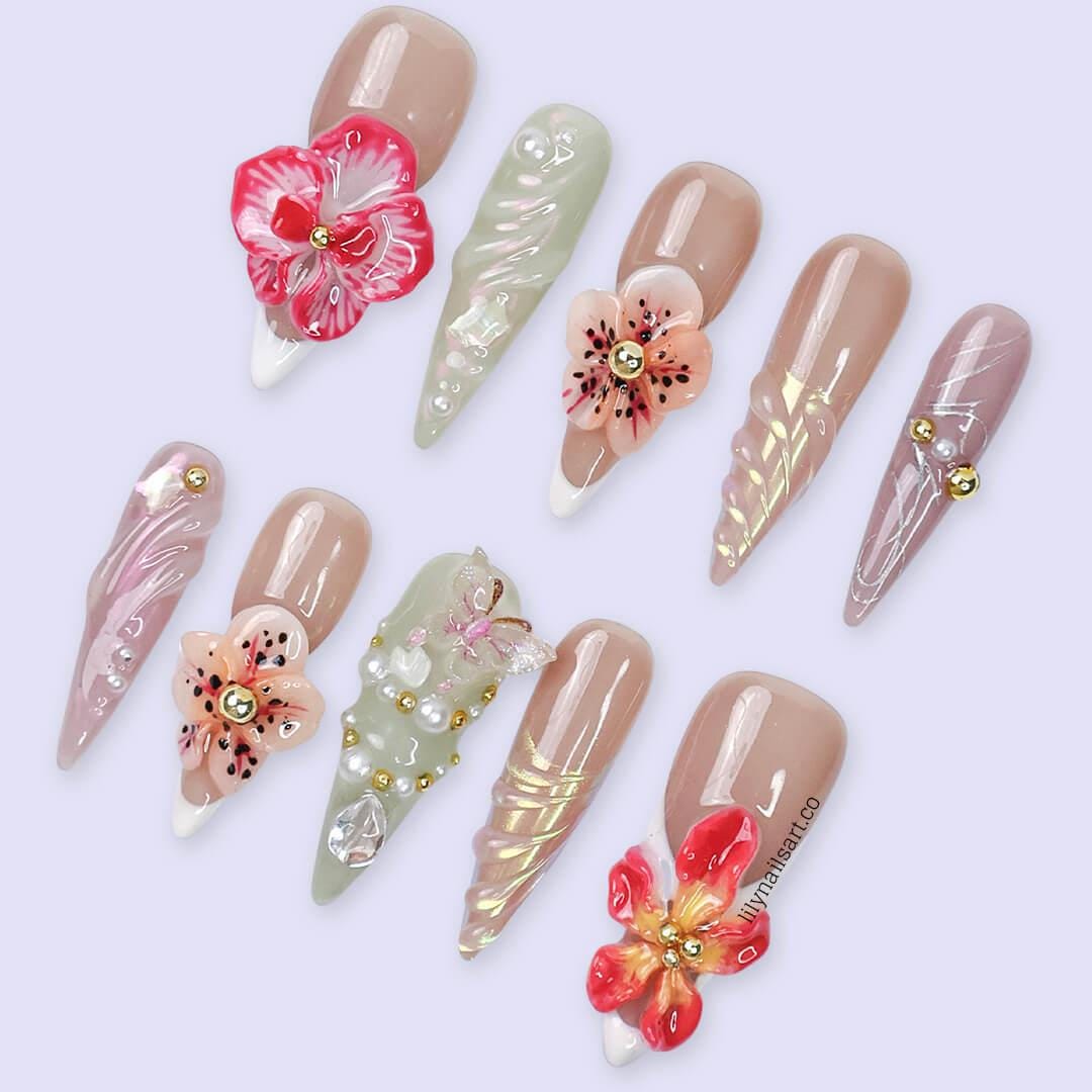 3D Floral Press On Nail with Nude and Pastel Base, Long Almond Handmade Nails with Gem, Pearl & Butterfly, Custom Nail for Everyday or Event